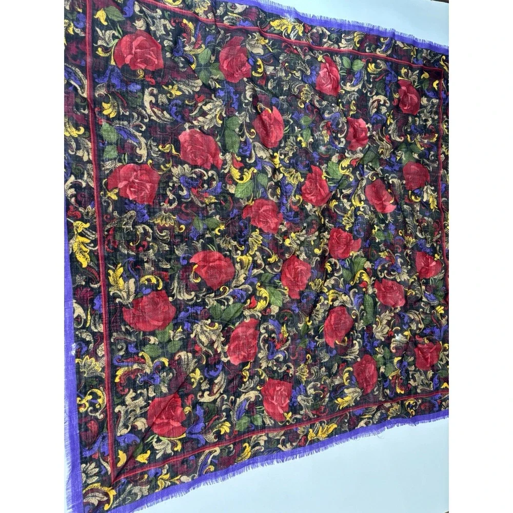 Vtg Oscar De La Renta Scarf Baroque Floral Print Roses Purple Red 29